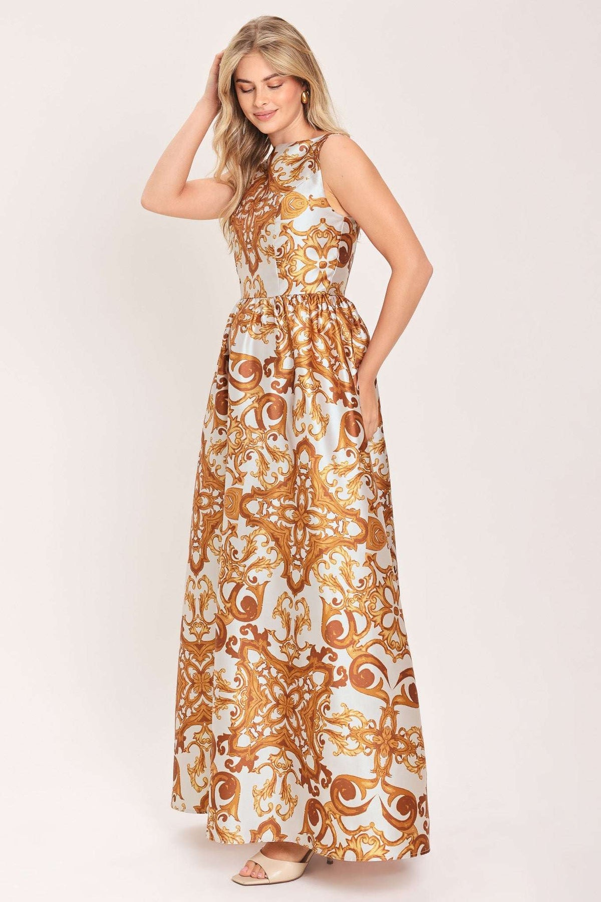 RUSTIC BLOOM RUST PRINTED FULL-SKIRT MAXI DRESS - Flying Tomato - Flyclothing LLC