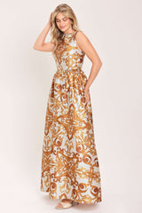 RUSTIC BLOOM RUST PRINTED FULL-SKIRT MAXI DRESS - Flying Tomato - Flyclothing LLC