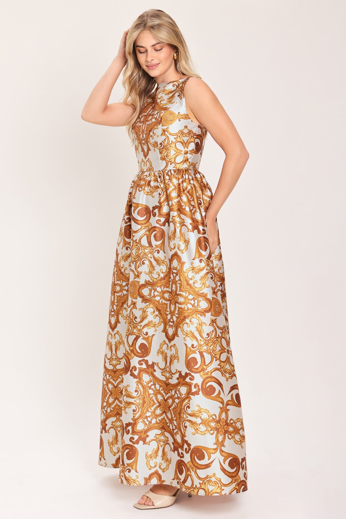 RUSTIC BLOOM RUST PRINTED FULL-SKIRT MAXI DRESS - Flying Tomato - Flyclothing LLC