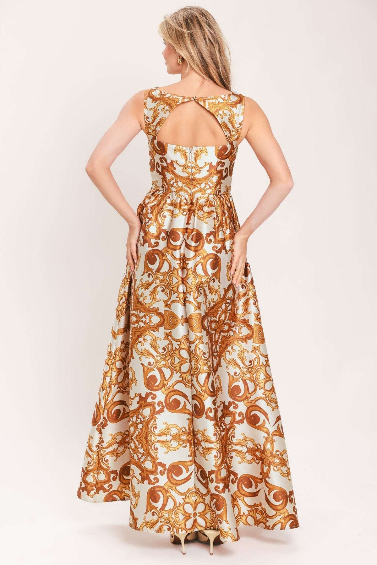 RUSTIC BLOOM RUST PRINTED FULL-SKIRT MAXI DRESS - Flying Tomato - Flyclothing LLC