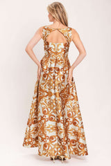 RUSTIC BLOOM RUST PRINTED FULL-SKIRT MAXI DRESS - Flying Tomato - Flyclothing LLC