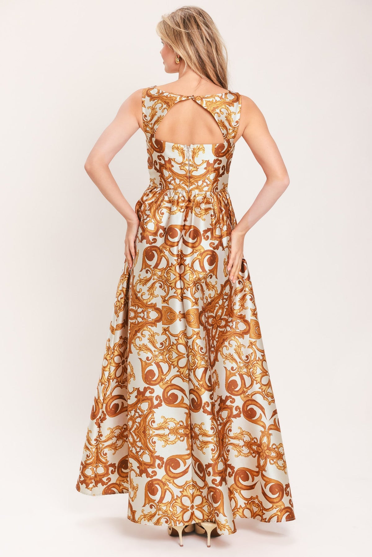 RUSTIC BLOOM RUST PRINTED FULL-SKIRT MAXI DRESS - Flying Tomato - Flyclothing LLC