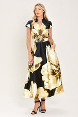NOIR CHARM BLACK PRINTED BELTED FULL-SKIRT MIDI DRESS - Flying Tomato - Flyclothing LLC