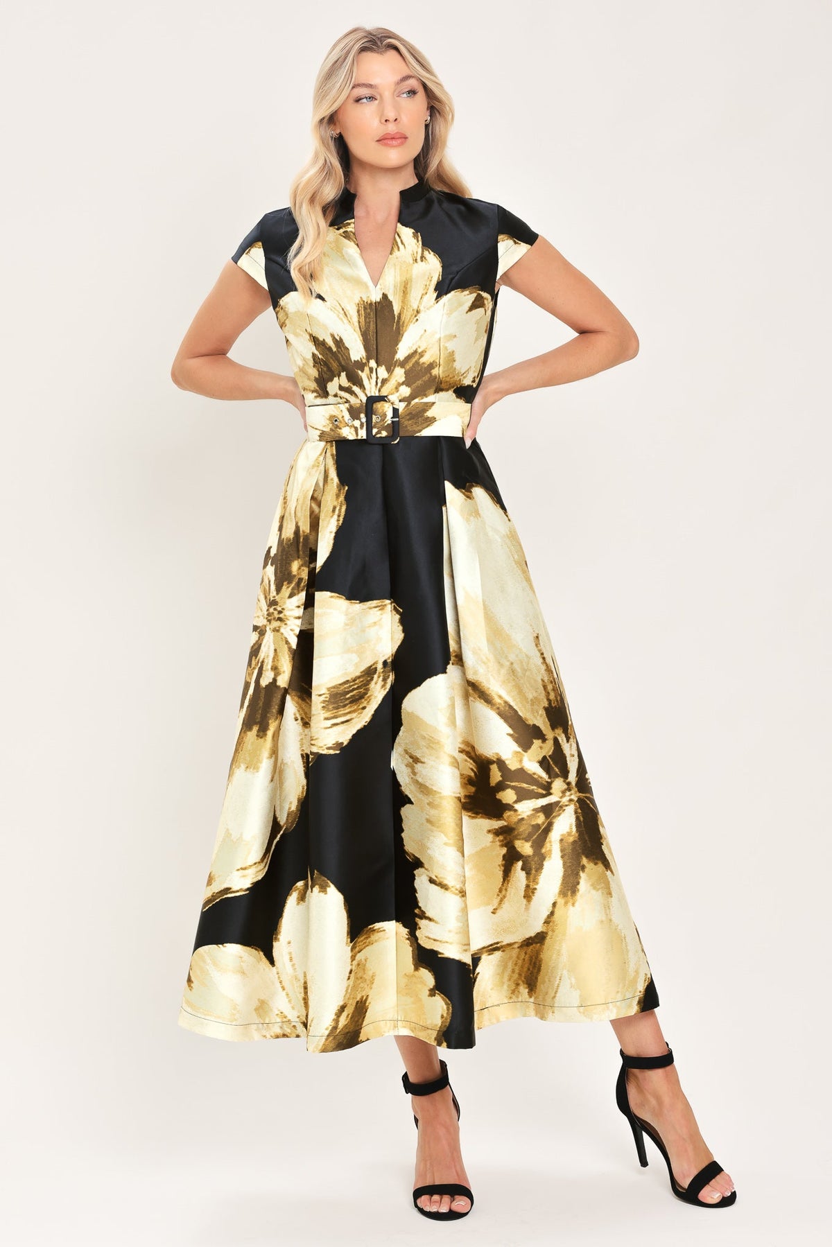 NOIR CHARM BLACK PRINTED BELTED FULL-SKIRT MIDI DRESS - Flying Tomato - Flyclothing LLC
