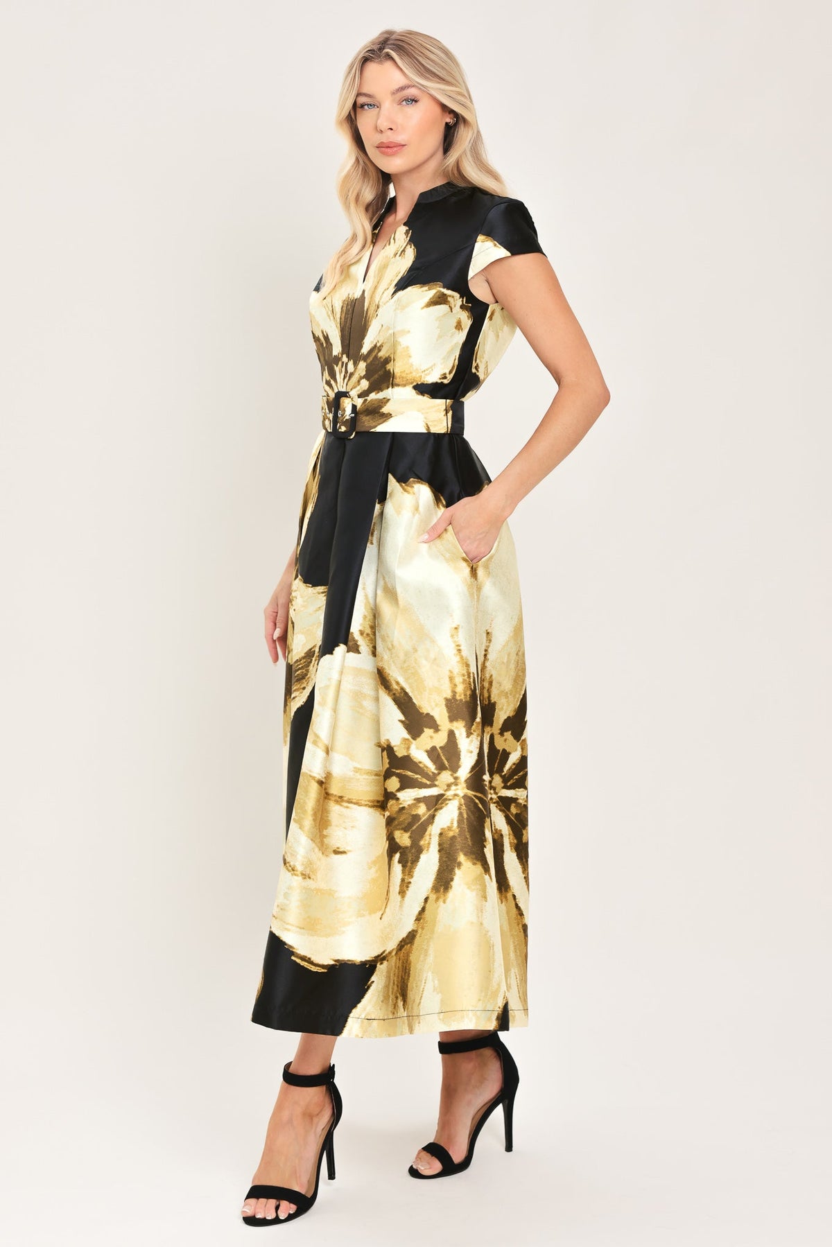 NOIR CHARM BLACK PRINTED BELTED FULL-SKIRT MIDI DRESS - Flying Tomato - Flyclothing LLC