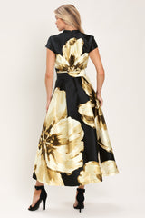 NOIR CHARM BLACK PRINTED BELTED FULL-SKIRT MIDI DRESS - Flying Tomato - Flyclothing LLC