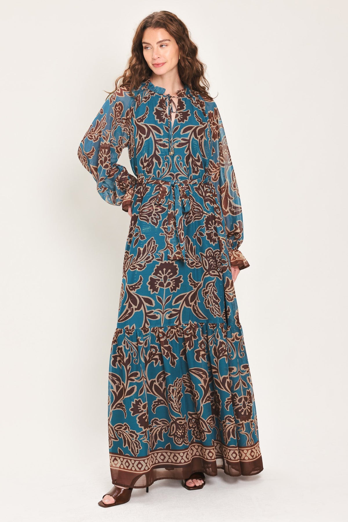 TEAL ESCAPE PRINTED RUFFLE-NECK BELTED MAXI DRESS - Flying Tomato - Flyclothing LLC