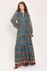 TEAL ESCAPE PRINTED RUFFLE-NECK BELTED MAXI DRESS - Flying Tomato - Flyclothing LLC