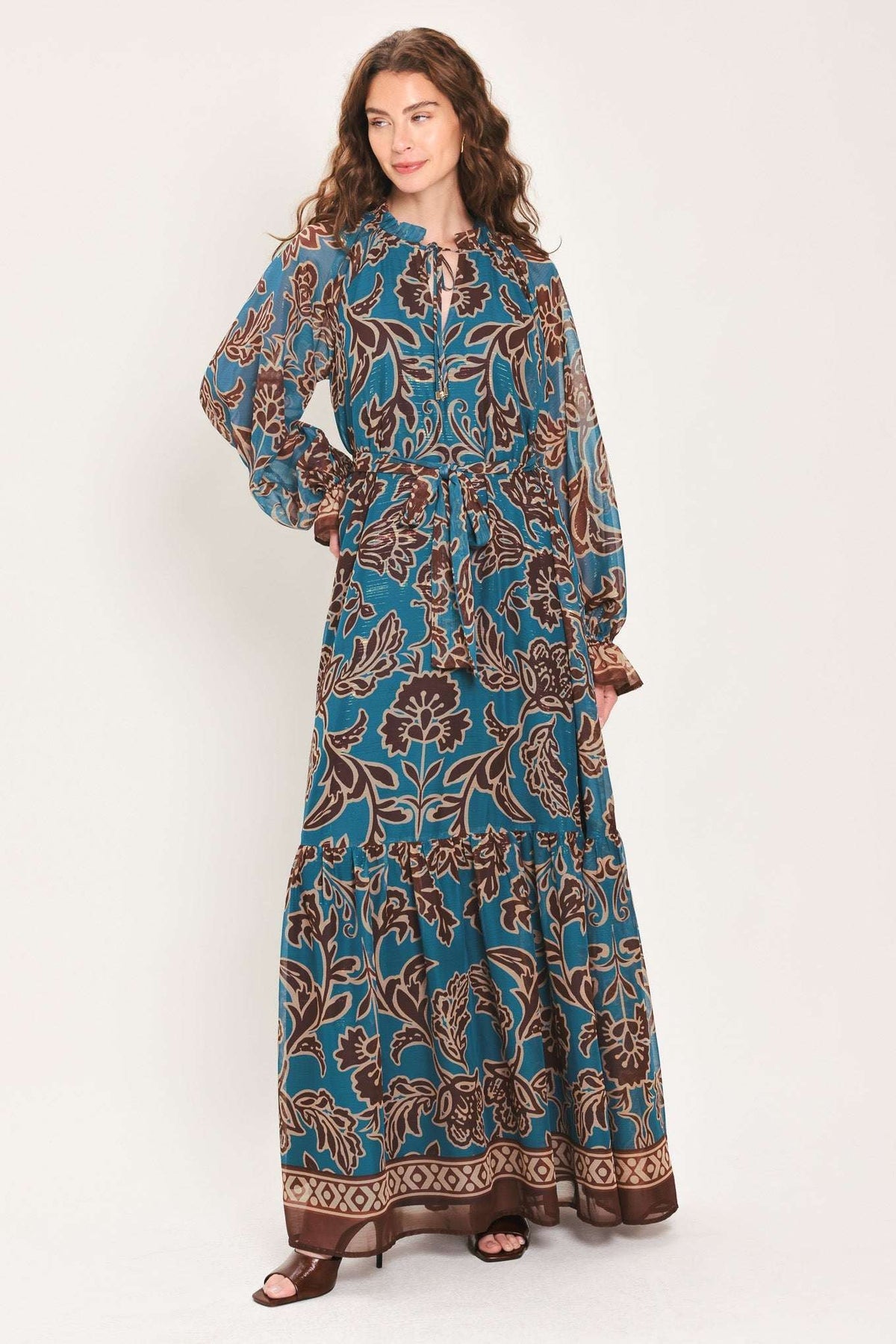 TEAL ESCAPE PRINTED RUFFLE-NECK BELTED MAXI DRESS - Flying Tomato - Flyclothing LLC