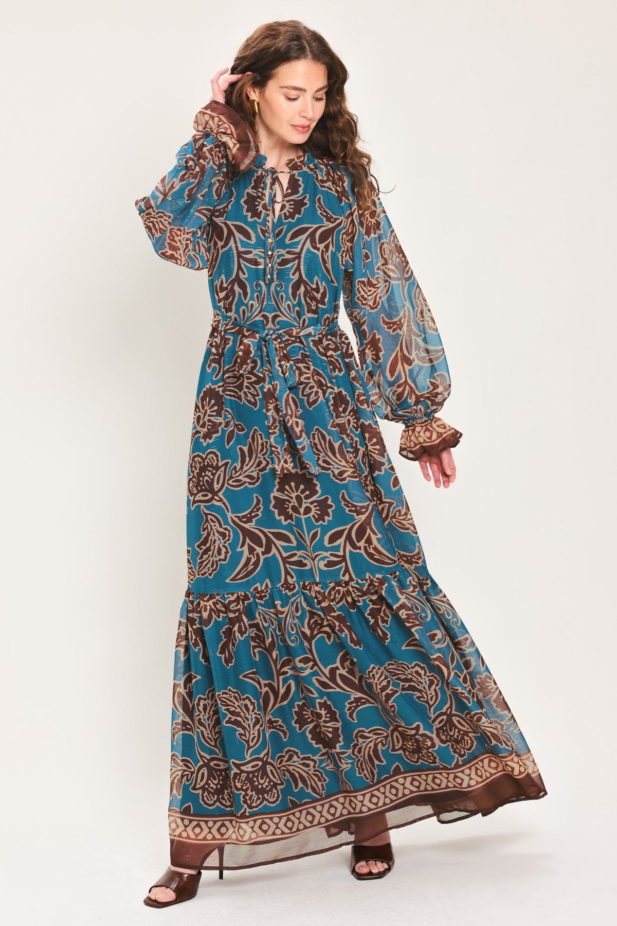 TEAL ESCAPE PRINTED RUFFLE-NECK BELTED MAXI DRESS - Flying Tomato - Flyclothing LLC