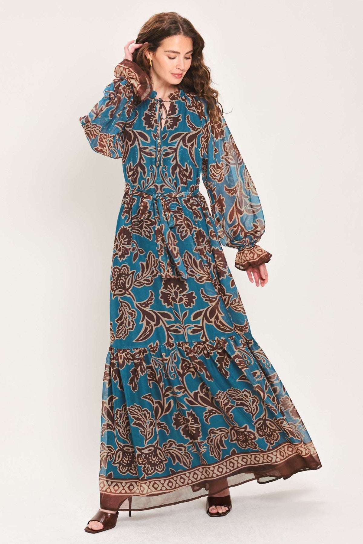 TEAL ESCAPE PRINTED RUFFLE-NECK BELTED MAXI DRESS - Flying Tomato - Flyclothing LLC