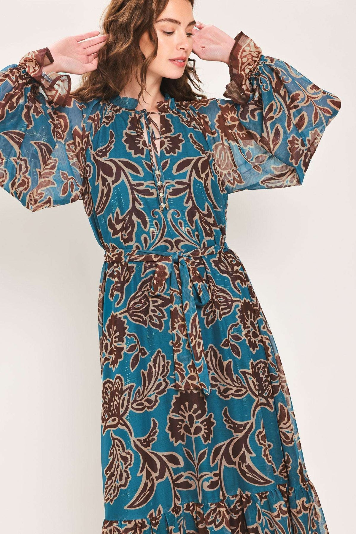 TEAL ESCAPE PRINTED RUFFLE-NECK BELTED MAXI DRESS - Flying Tomato - Flyclothing LLC