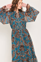 TEAL ESCAPE PRINTED RUFFLE-NECK BELTED MAXI DRESS - Flying Tomato - Flyclothing LLC