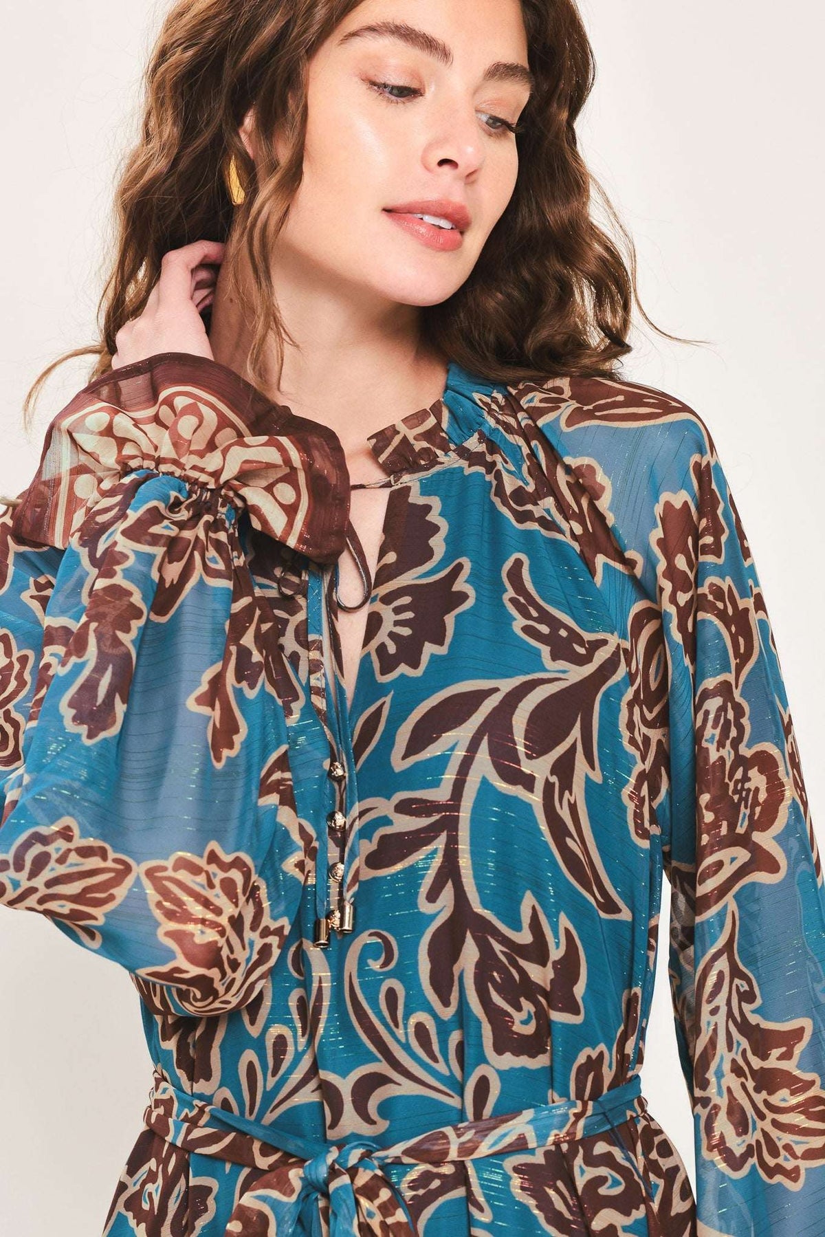 TEAL ESCAPE PRINTED RUFFLE-NECK BELTED MAXI DRESS - Flying Tomato - Flyclothing LLC