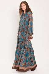 TEAL ESCAPE PRINTED RUFFLE-NECK BELTED MAXI DRESS - Flying Tomato - Flyclothing LLC