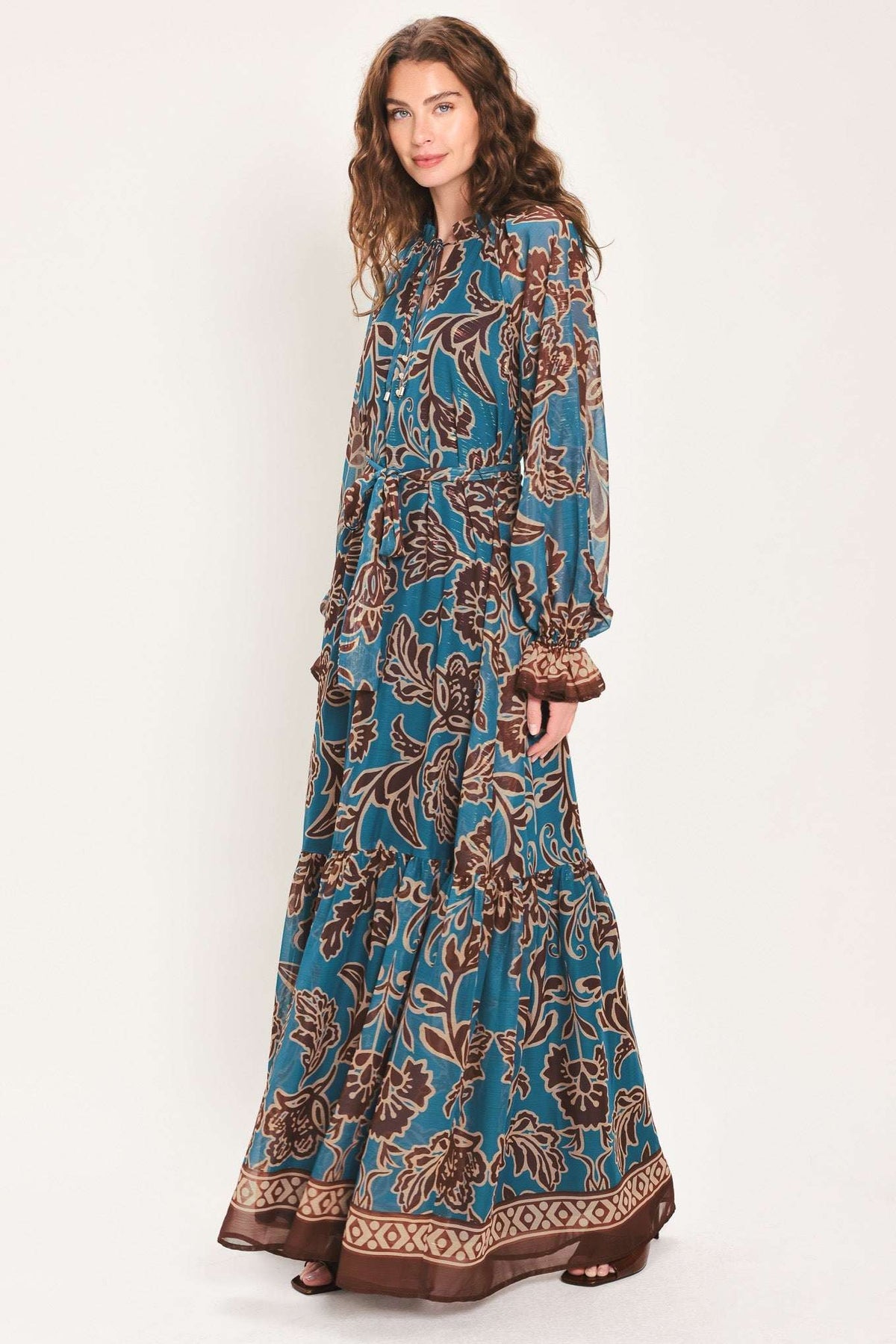 TEAL ESCAPE PRINTED RUFFLE-NECK BELTED MAXI DRESS - Flying Tomato - Flyclothing LLC