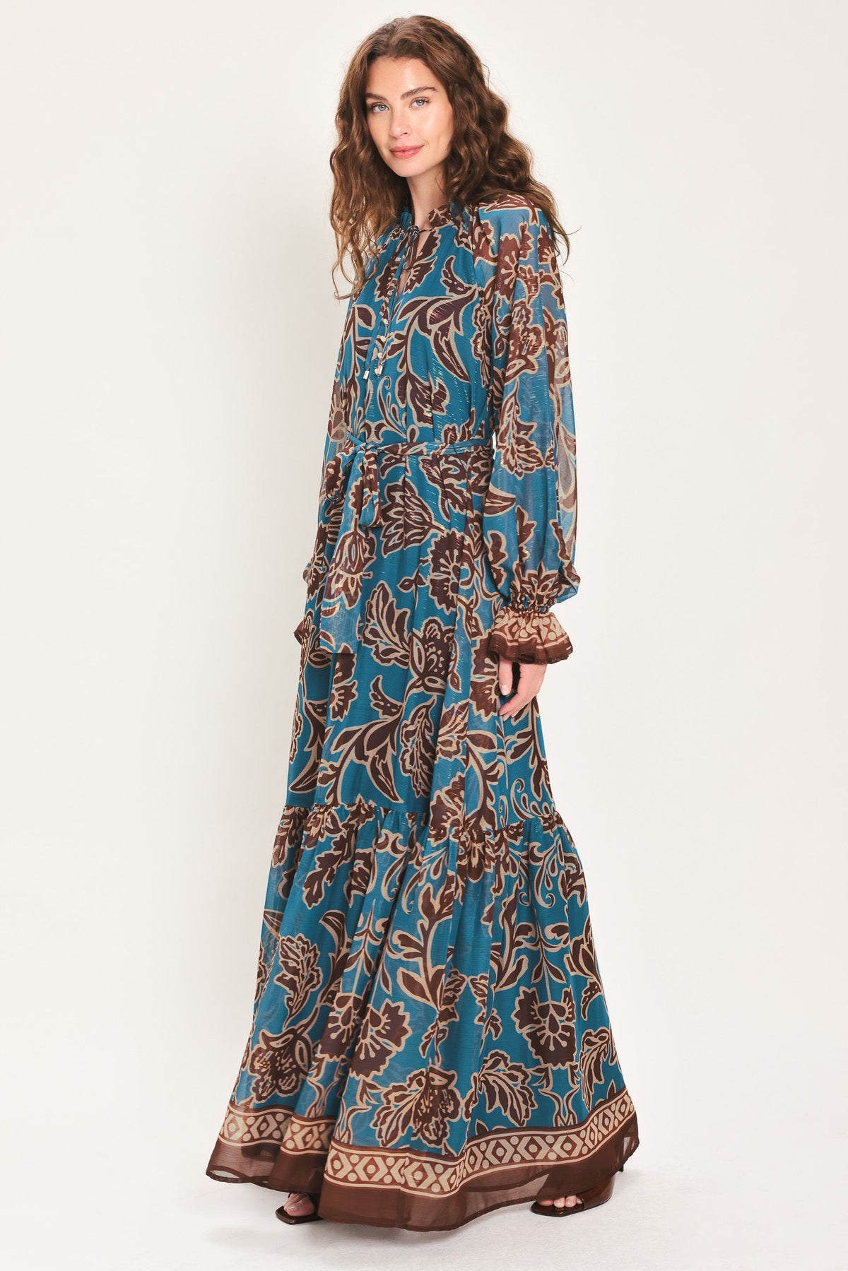 TEAL ESCAPE PRINTED RUFFLE-NECK BELTED MAXI DRESS - Flying Tomato - Flyclothing LLC