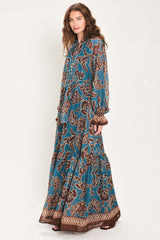 TEAL ESCAPE PRINTED RUFFLE-NECK BELTED MAXI DRESS - Flying Tomato - Flyclothing LLC