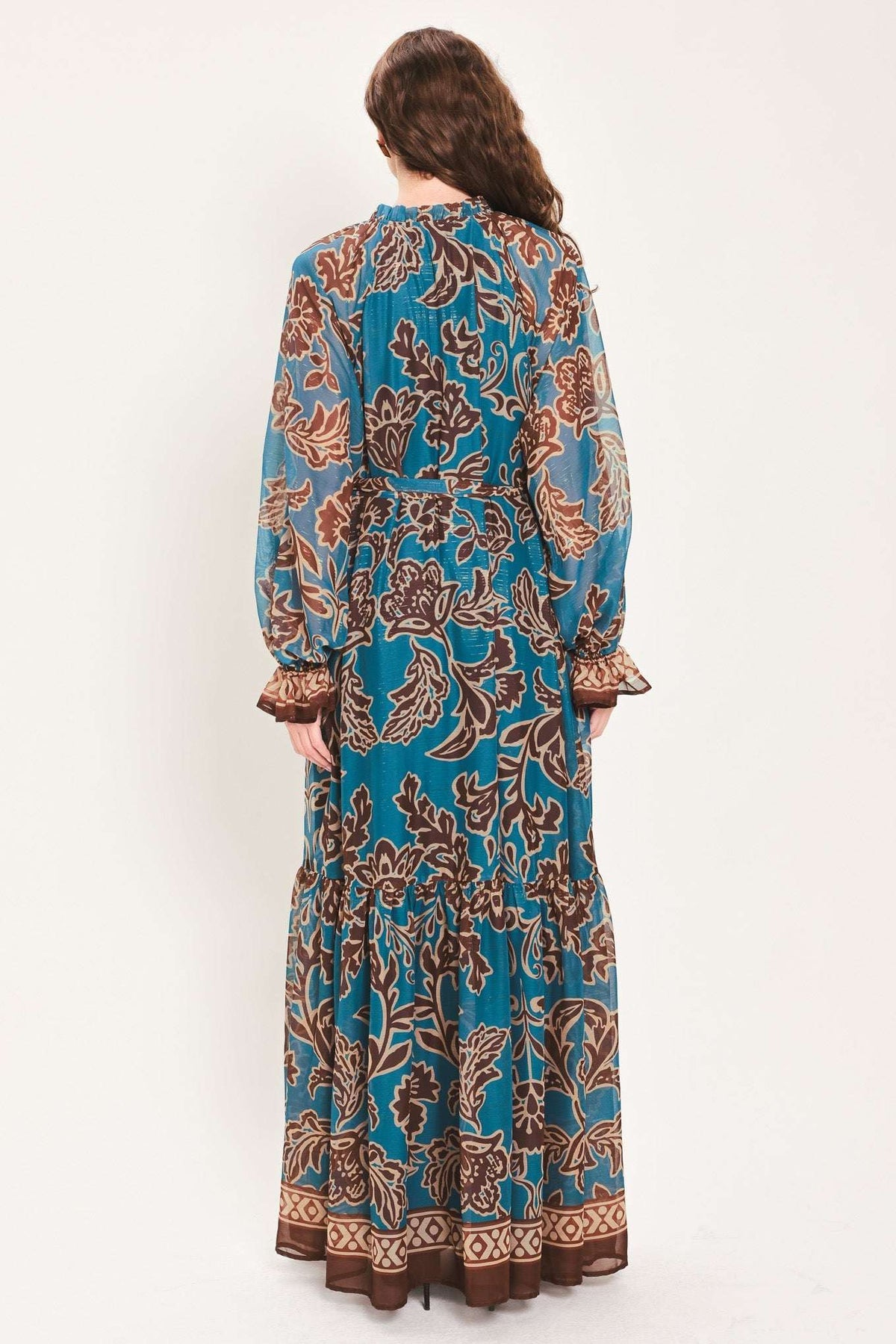 TEAL ESCAPE PRINTED RUFFLE-NECK BELTED MAXI DRESS - Flying Tomato - Flyclothing LLC