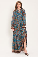 TEAL ESCAPE PRINTED RUFFLE-NECK BELTED MAXI DRESS - Flying Tomato - Flyclothing LLC