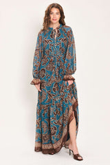 TEAL ESCAPE PRINTED RUFFLE-NECK BELTED MAXI DRESS - Flying Tomato - Flyclothing LLC