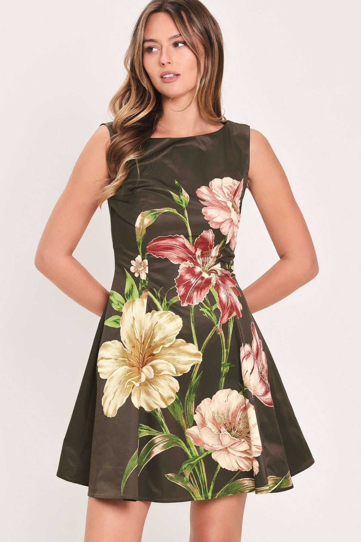 COCOA FLIRT DARK BROWN PRINTED SKATER MINI DRESS - Flying Tomato - Flyclothing LLC