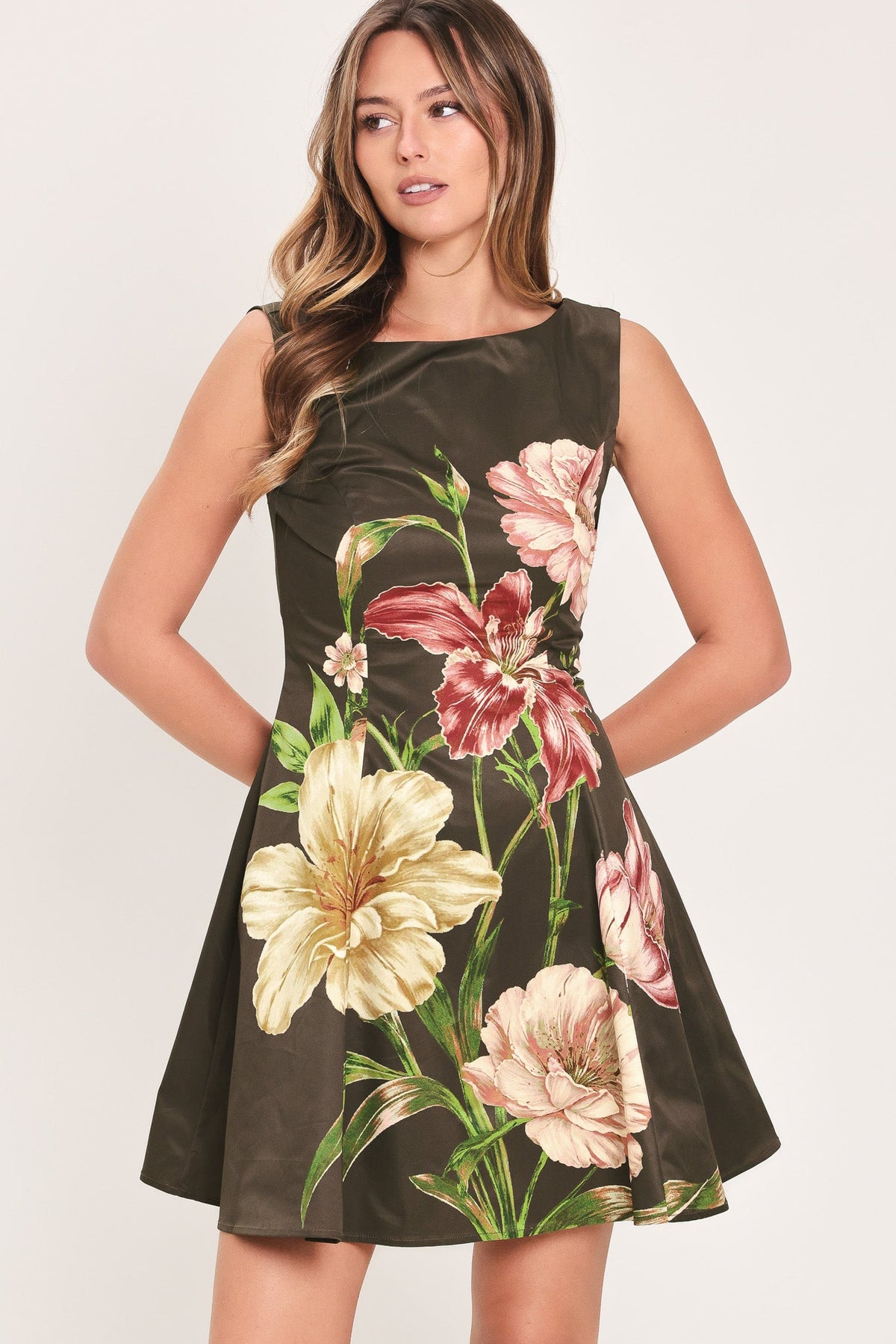 COCOA FLIRT DARK BROWN PRINTED SKATER MINI DRESS - Flying Tomato - Flyclothing LLC