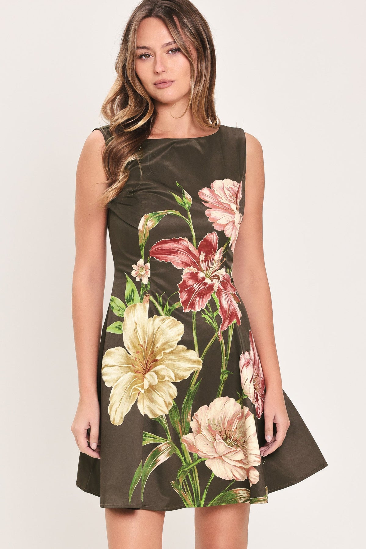 COCOA FLIRT DARK BROWN PRINTED SKATER MINI DRESS - Flying Tomato - Flyclothing LLC