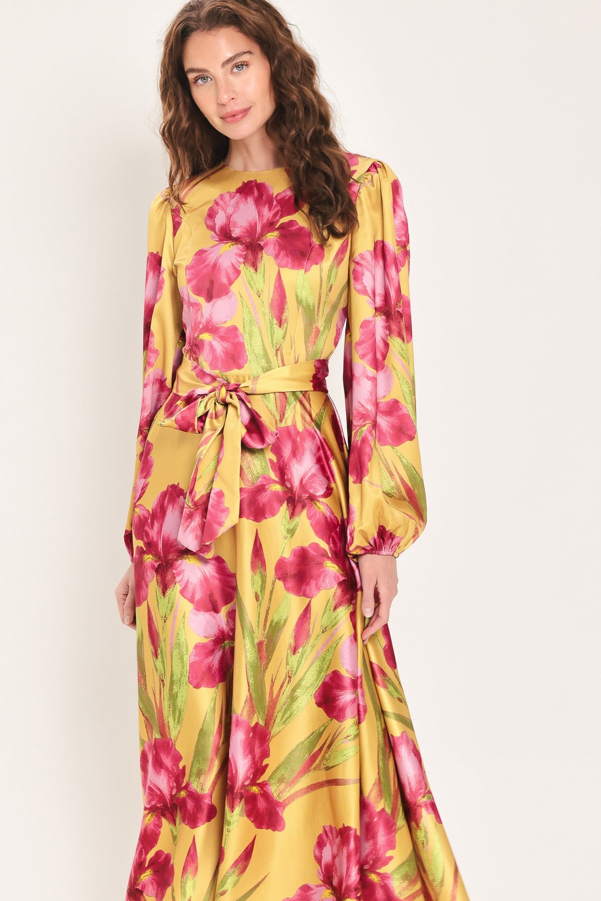 GOLDEN HAZE GOLDEN BROWN PRINTED BELTED MIDI DRESS - Flying Tomato - Flyclothing LLC
