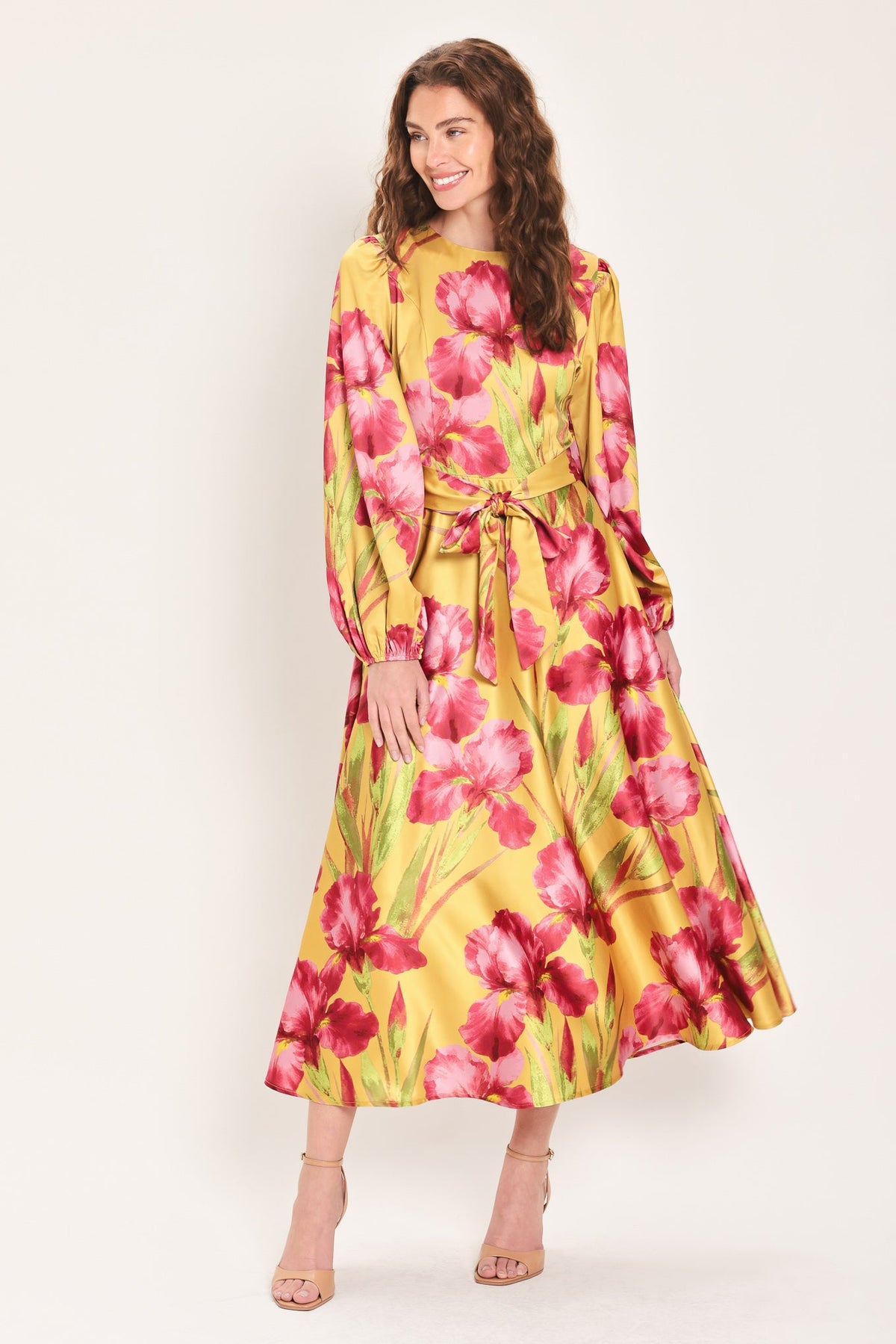 GOLDEN HAZE GOLDEN BROWN PRINTED BELTED MIDI DRESS - Flying Tomato - Flyclothing LLC