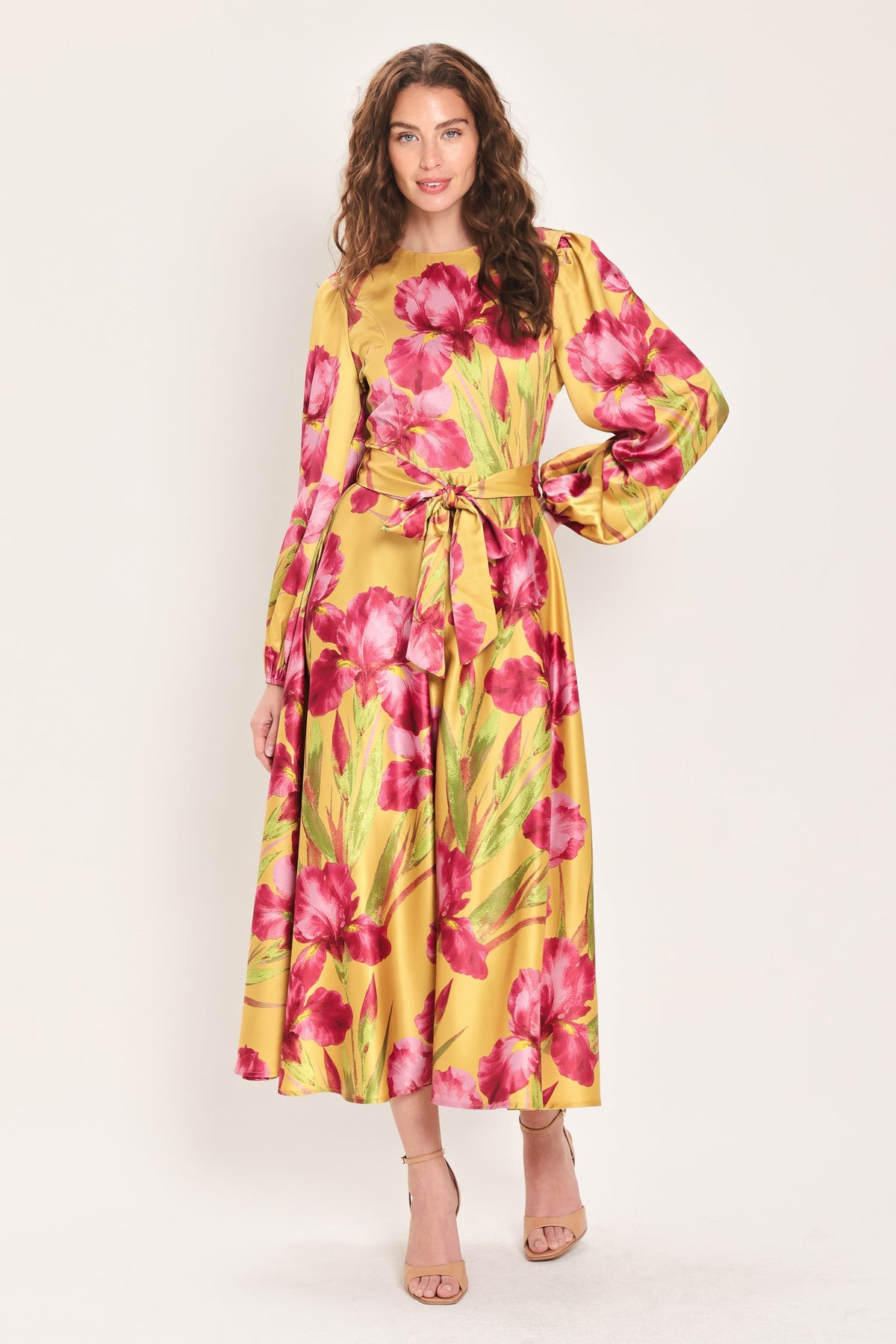 GOLDEN HAZE GOLDEN BROWN PRINTED BELTED MIDI DRESS - Flying Tomato - Flyclothing LLC