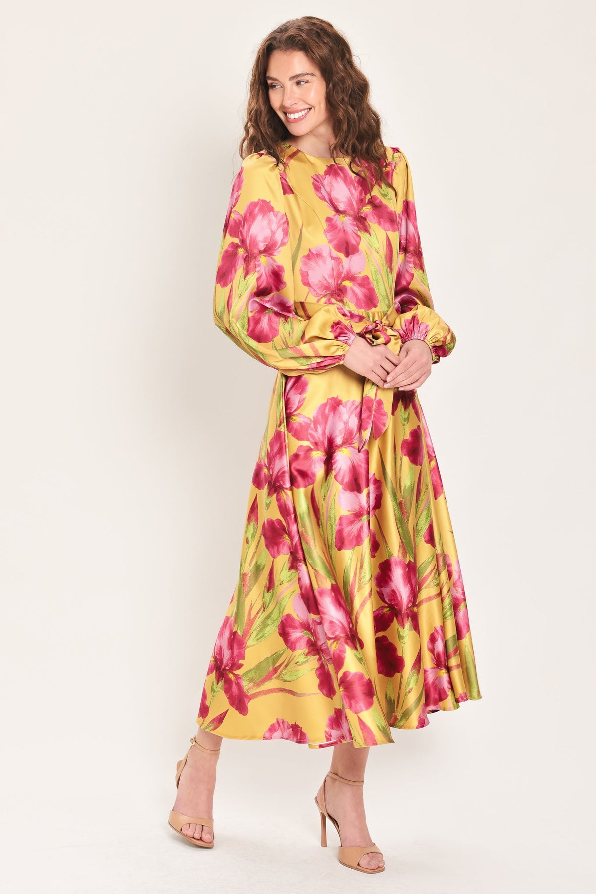 GOLDEN HAZE GOLDEN BROWN PRINTED BELTED MIDI DRESS - Flying Tomato - Flyclothing LLC