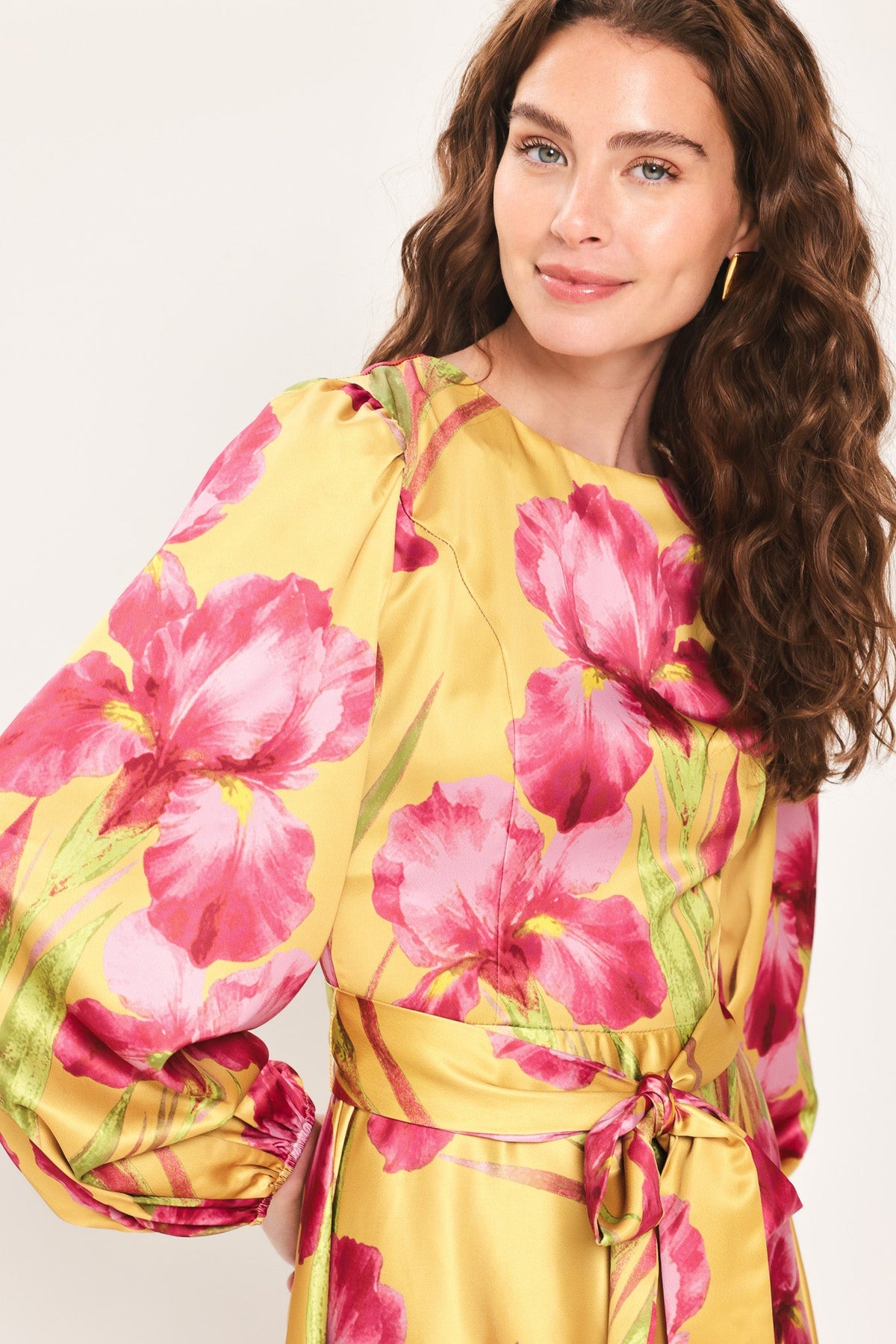 GOLDEN HAZE GOLDEN BROWN PRINTED BELTED MIDI DRESS - Flying Tomato - Flyclothing LLC