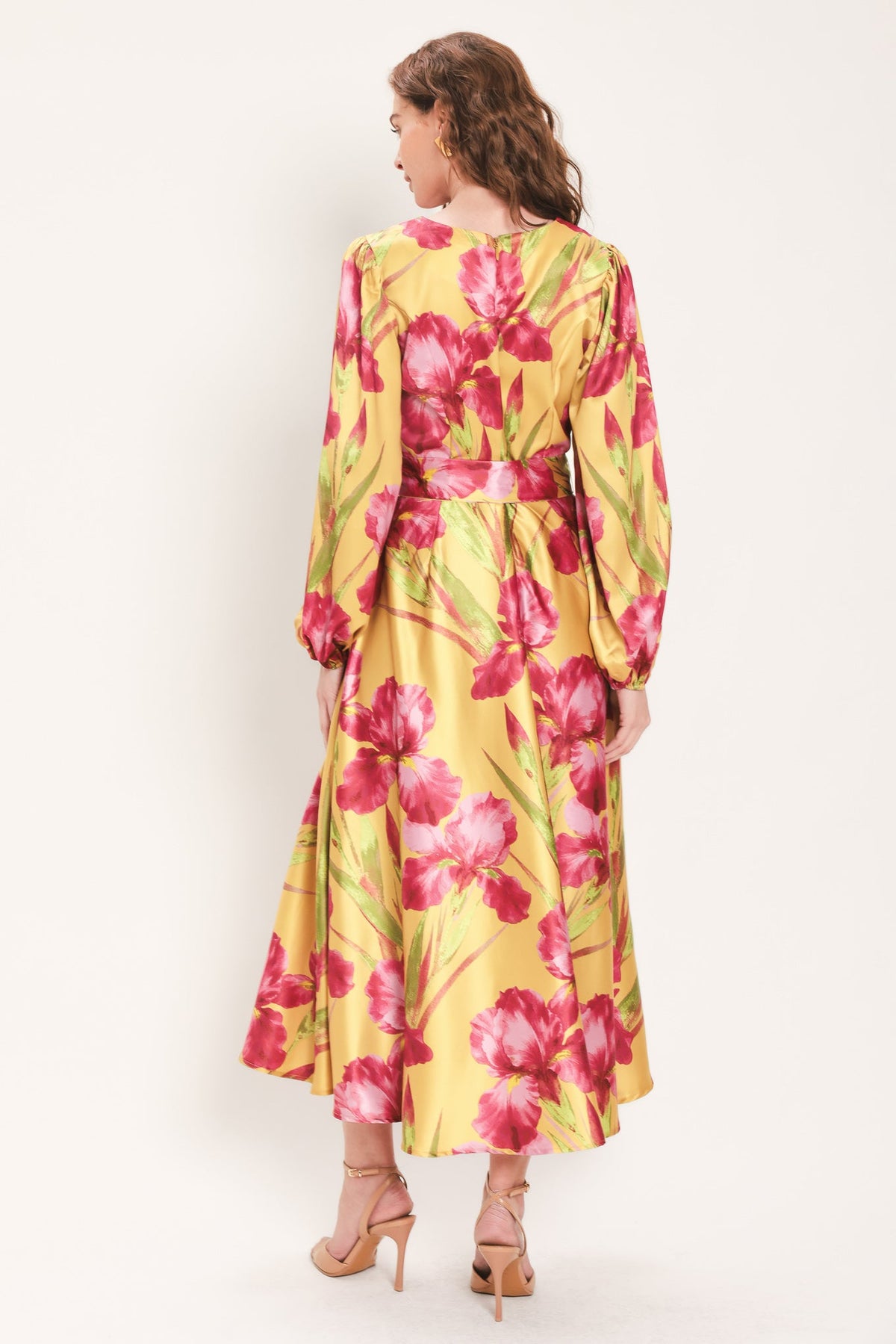 GOLDEN HAZE GOLDEN BROWN PRINTED BELTED MIDI DRESS - Flying Tomato - Flyclothing LLC