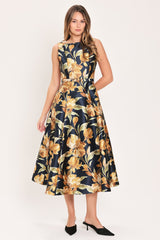 NAVY SONNET NAVY PRINTED BELTED CIRCLE-SKIRT MIDI DRESS