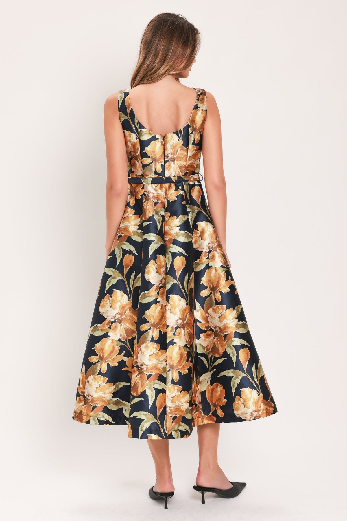 NAVY SONNET NAVY PRINTED BELTED CIRCLE-SKIRT MIDI DRESS
