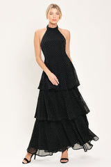 MIDNIGHT SPARK BLACK EMBELLISHED HALTER LAYERED MAXI DRESS - Flying Tomato - Flyclothing LLC