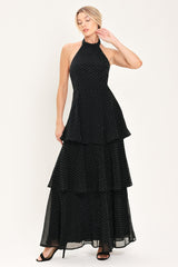 MIDNIGHT SPARK BLACK EMBELLISHED HALTER LAYERED MAXI DRESS - Flying Tomato - Flyclothing LLC
