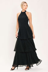 MIDNIGHT SPARK BLACK EMBELLISHED HALTER LAYERED MAXI DRESS - Flying Tomato - Flyclothing LLC