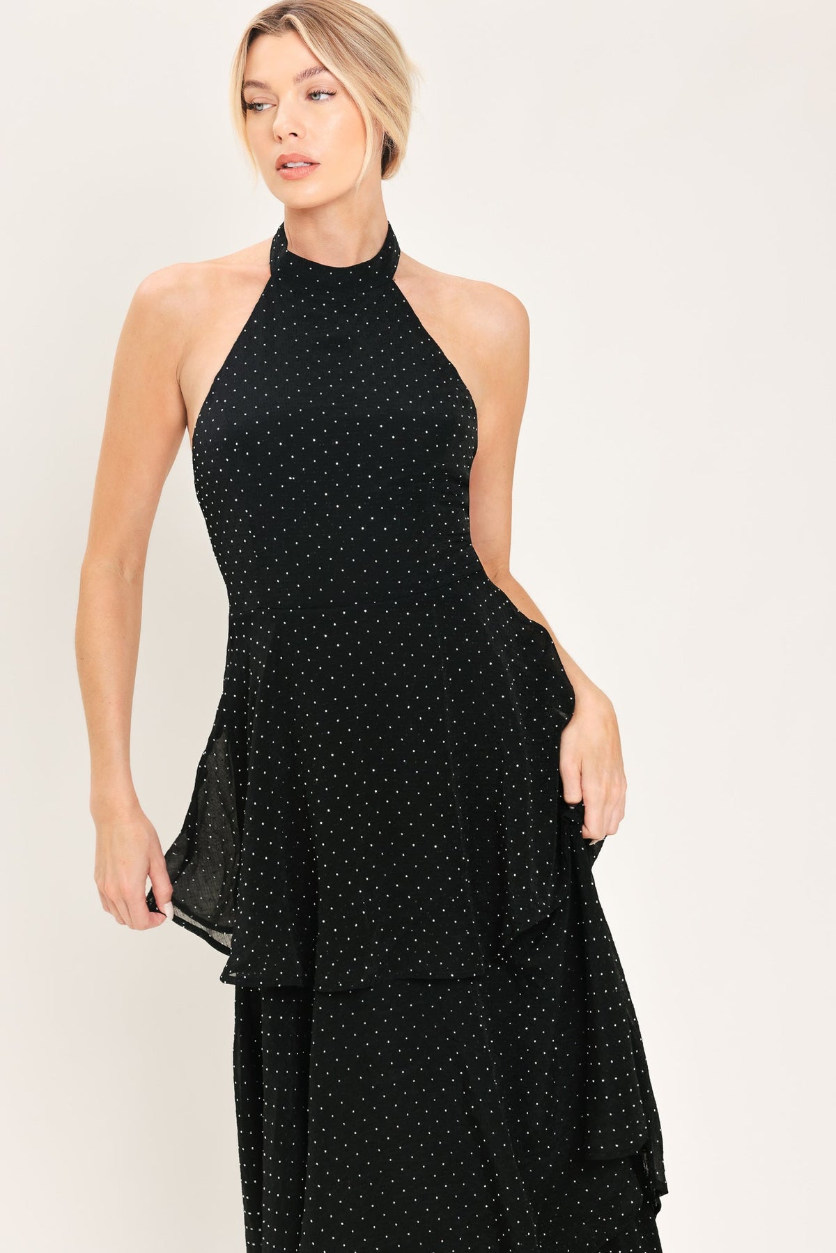 MIDNIGHT SPARK BLACK EMBELLISHED HALTER LAYERED MAXI DRESS - Flying Tomato - Flyclothing LLC