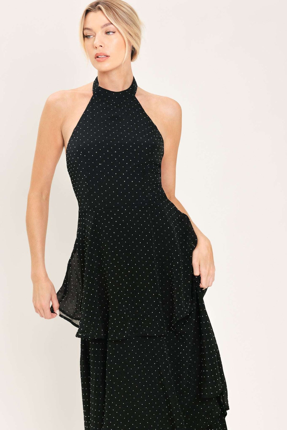 MIDNIGHT SPARK BLACK EMBELLISHED HALTER LAYERED MAXI DRESS - Flying Tomato - Flyclothing LLC