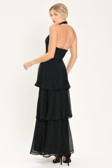 MIDNIGHT SPARK BLACK EMBELLISHED HALTER LAYERED MAXI DRESS - Flying Tomato - Flyclothing LLC