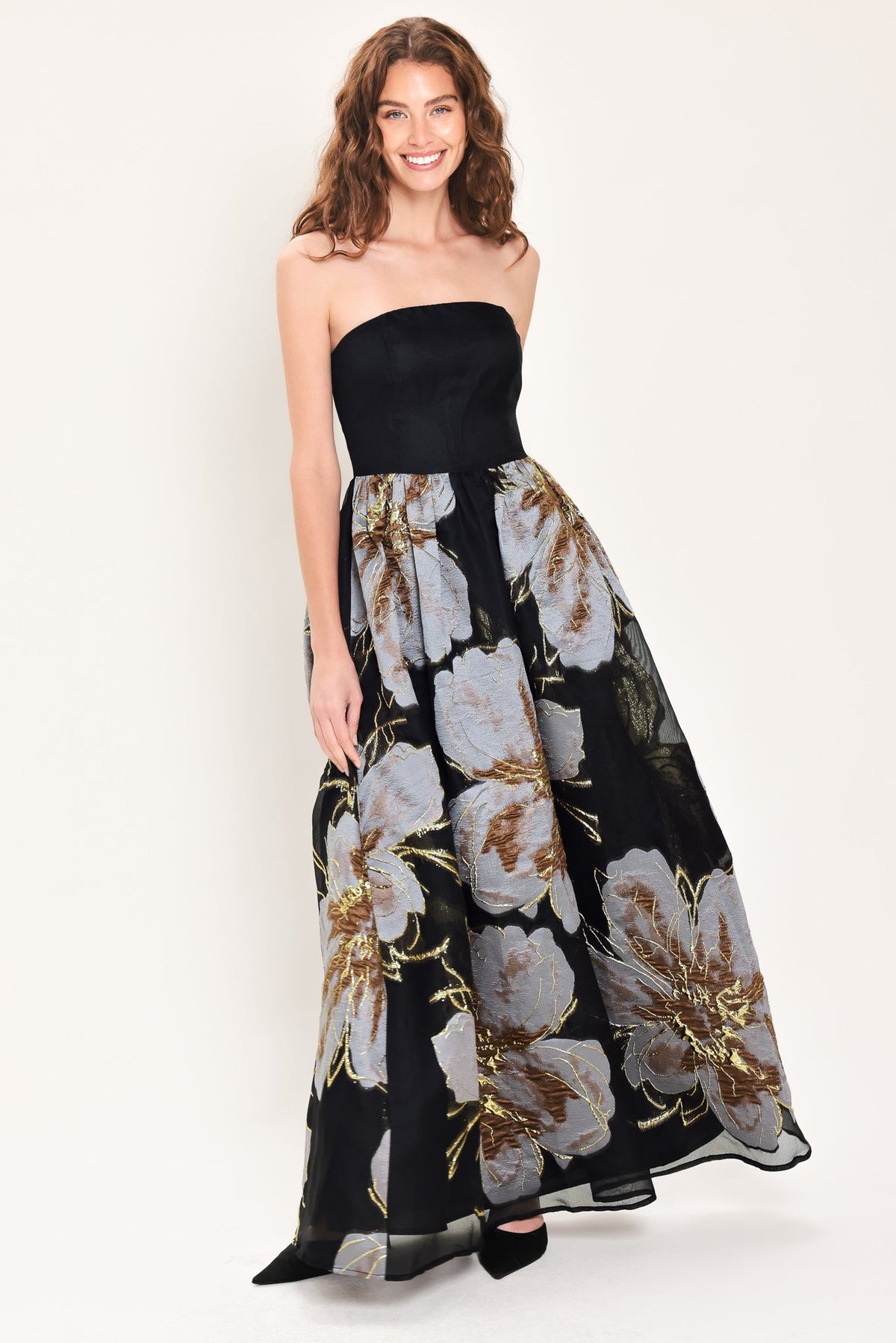 NOIR GARDEN BLACK STRAPLESS PRINTED FULL-SKIRT MAXI DRESS - Flying Tomato - Flyclothing LLC