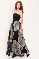 NOIR GARDEN BLACK STRAPLESS PRINTED FULL-SKIRT MAXI DRESS - Flying Tomato - Flyclothing LLC