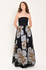 NOIR GARDEN BLACK STRAPLESS PRINTED FULL-SKIRT MAXI DRESS - Flying Tomato - Flyclothing LLC