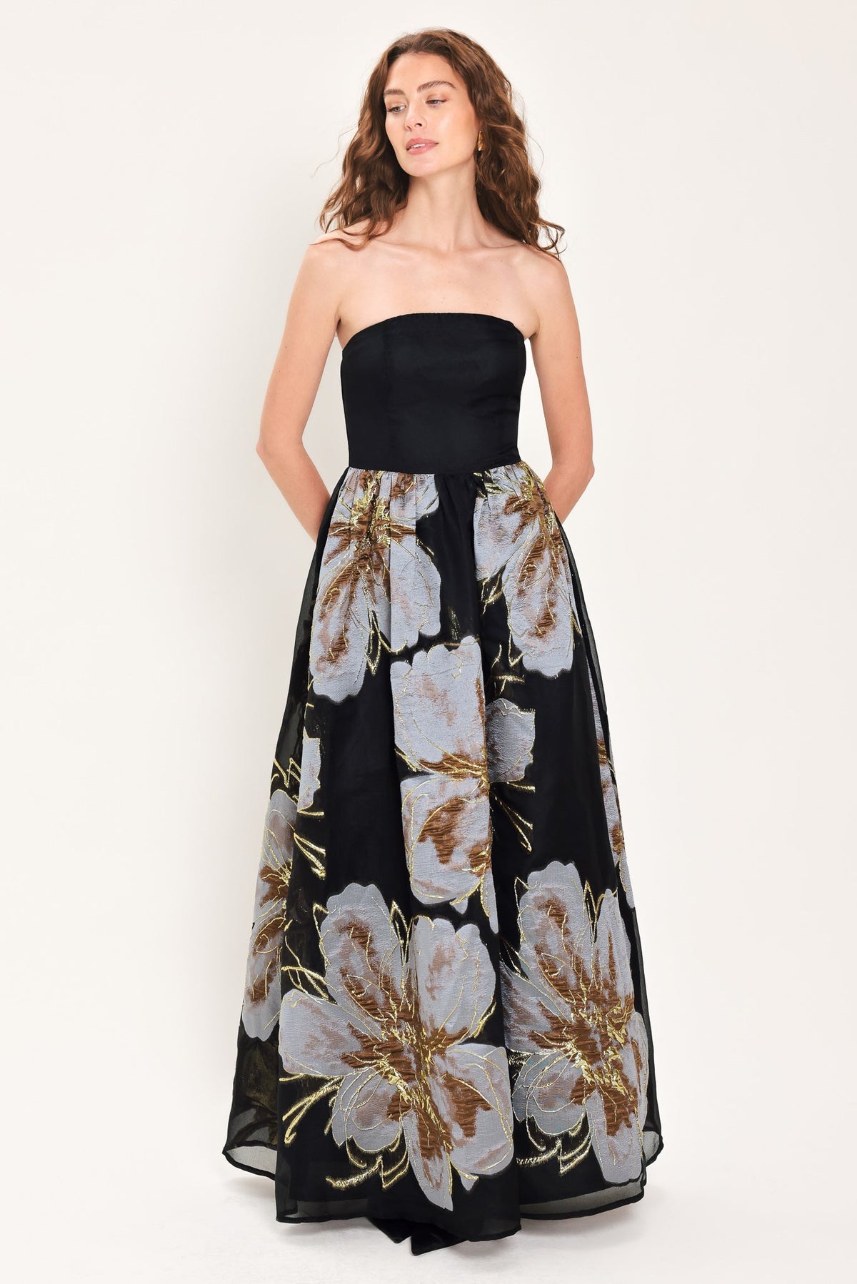 NOIR GARDEN BLACK STRAPLESS PRINTED FULL-SKIRT MAXI DRESS - Flying Tomato - Flyclothing LLC