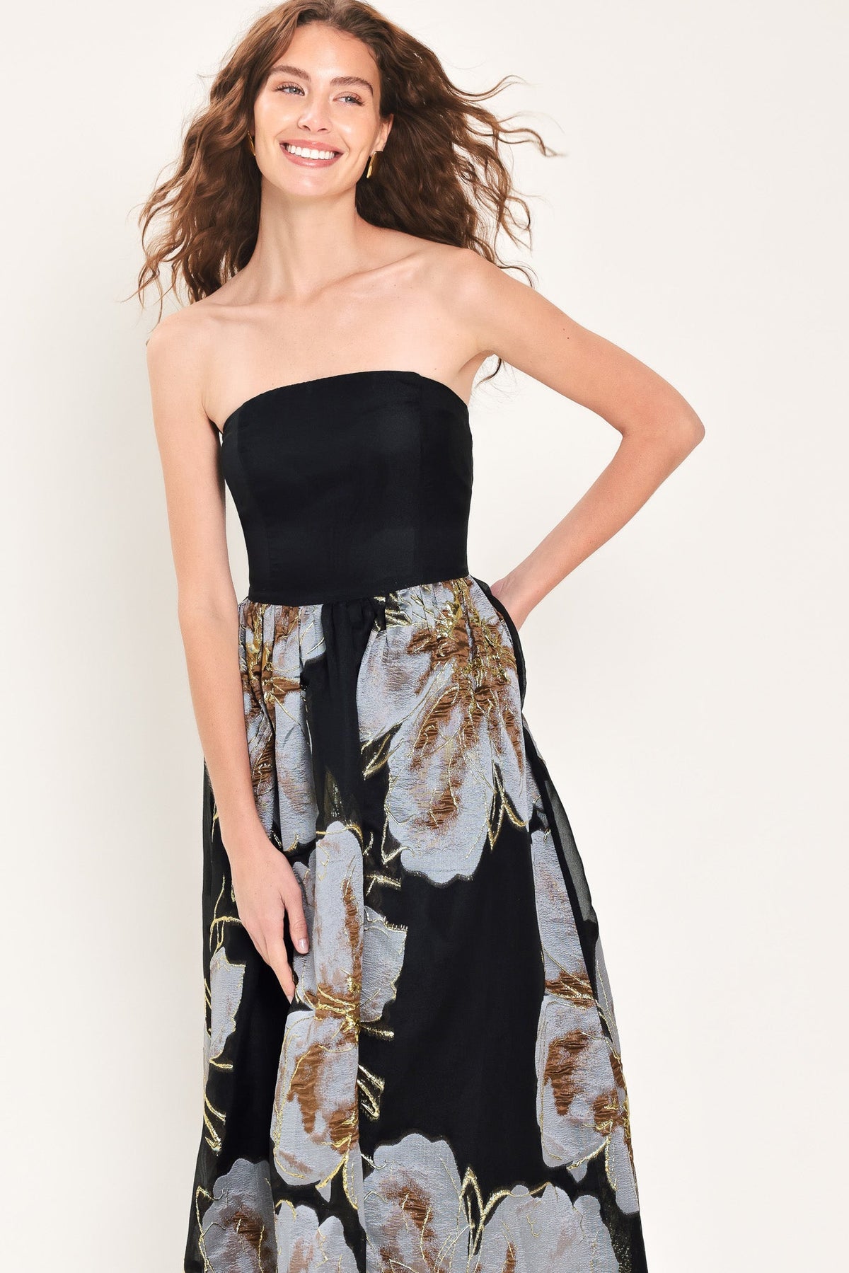 NOIR GARDEN BLACK STRAPLESS PRINTED FULL-SKIRT MAXI DRESS - Flying Tomato - Flyclothing LLC
