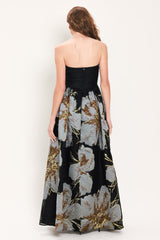 NOIR GARDEN BLACK STRAPLESS PRINTED FULL-SKIRT MAXI DRESS - Flying Tomato - Flyclothing LLC
