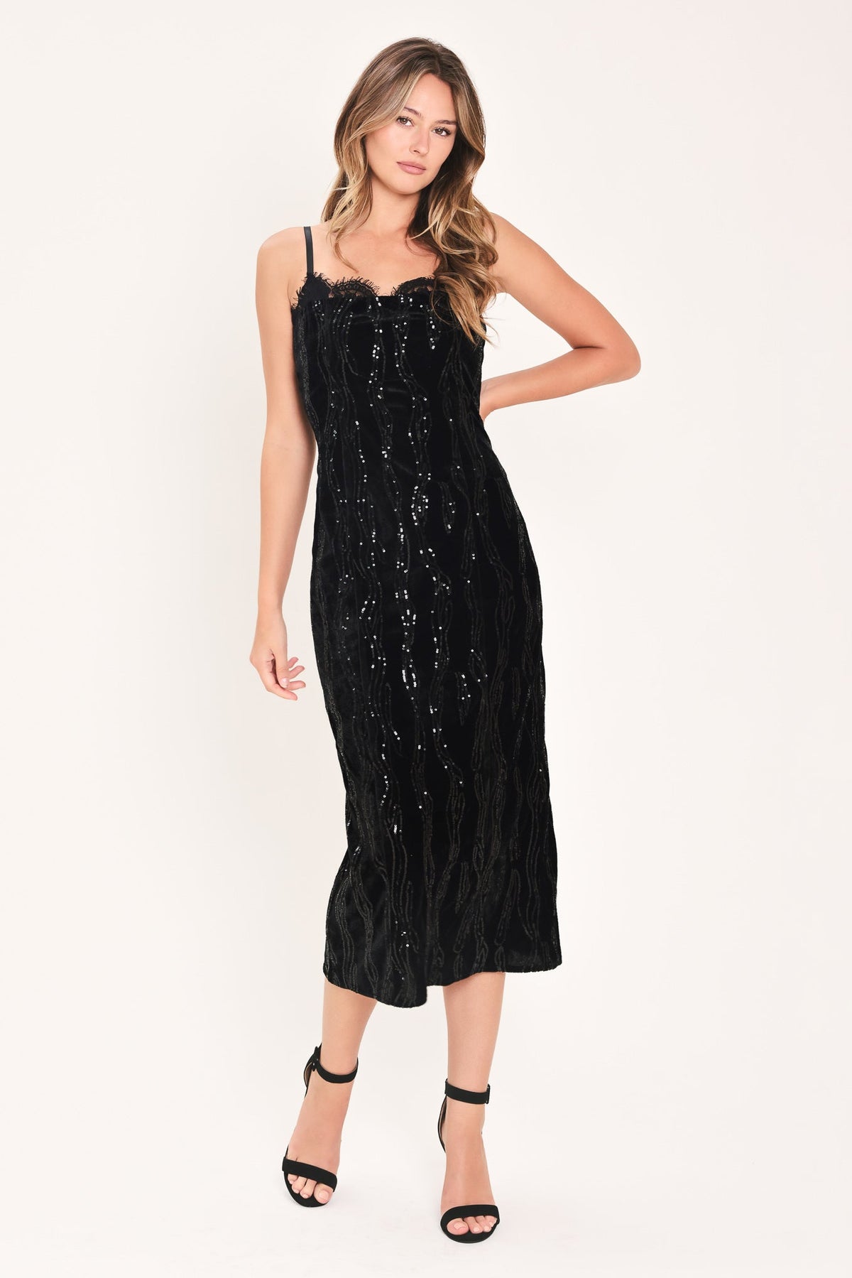 VELVET OBSESSION BLACK SEQUIN SWEETHEART MIDI DRESS - Flying Tomato - Flyclothing LLC