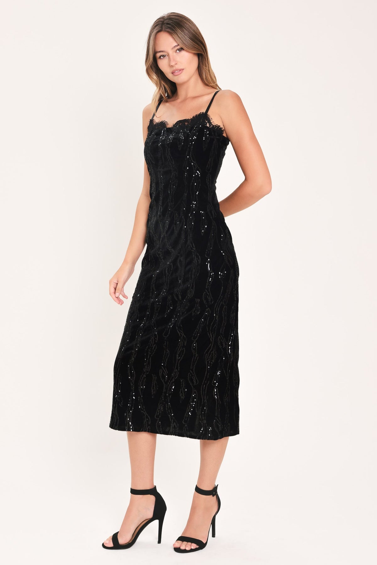 VELVET OBSESSION BLACK SEQUIN SWEETHEART MIDI DRESS - Flying Tomato - Flyclothing LLC